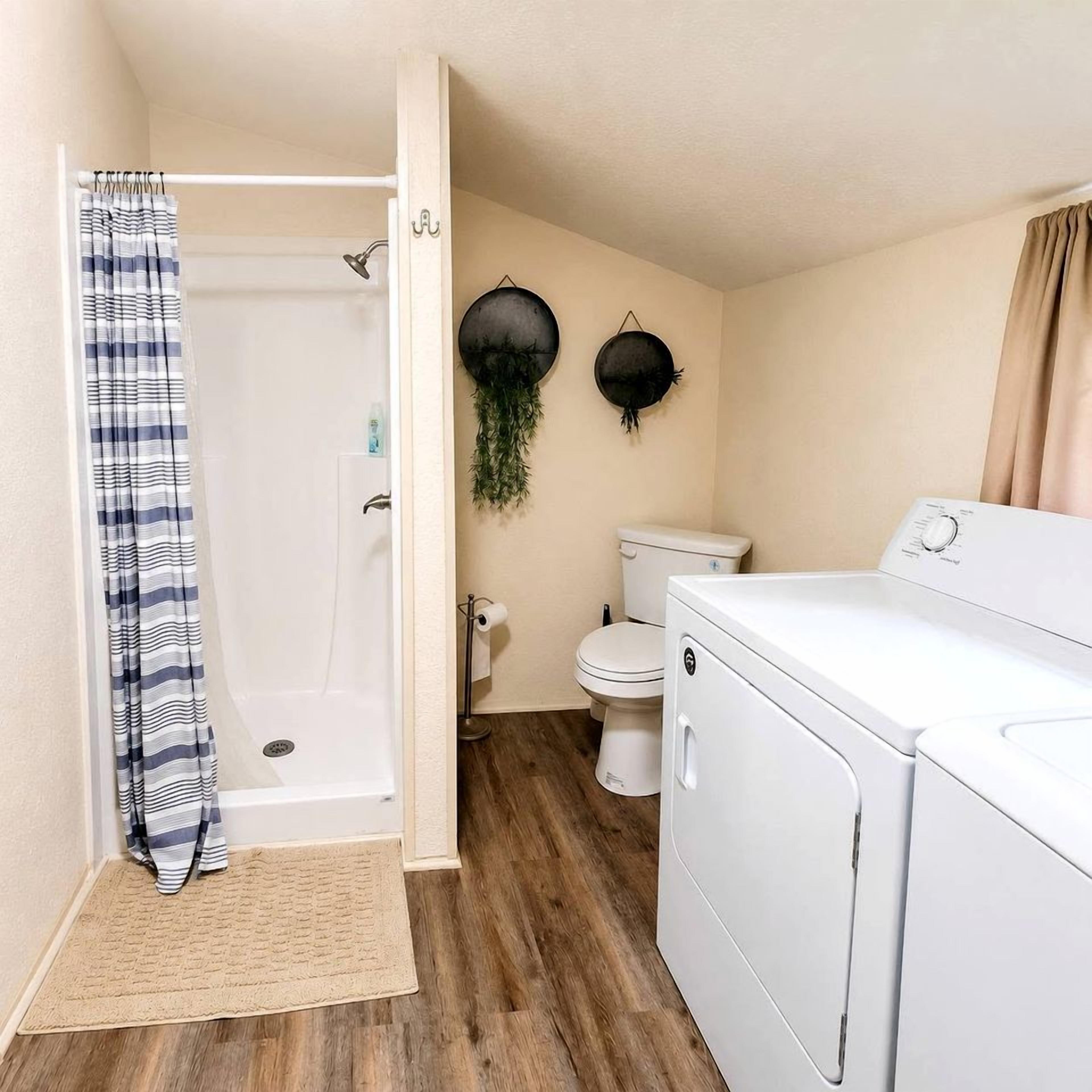 Hair dryer, towels, soap, shampoo