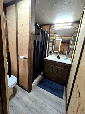 A bathroom with a wooden vanity, a toilet, a sink with a mirror, and a shower curtain. - Cozy Waterfront Cabin with Boat Ramp on Lake Fork, Perfect for Fishing Enthusiasts near Quitman, Mississippi (Quitman)