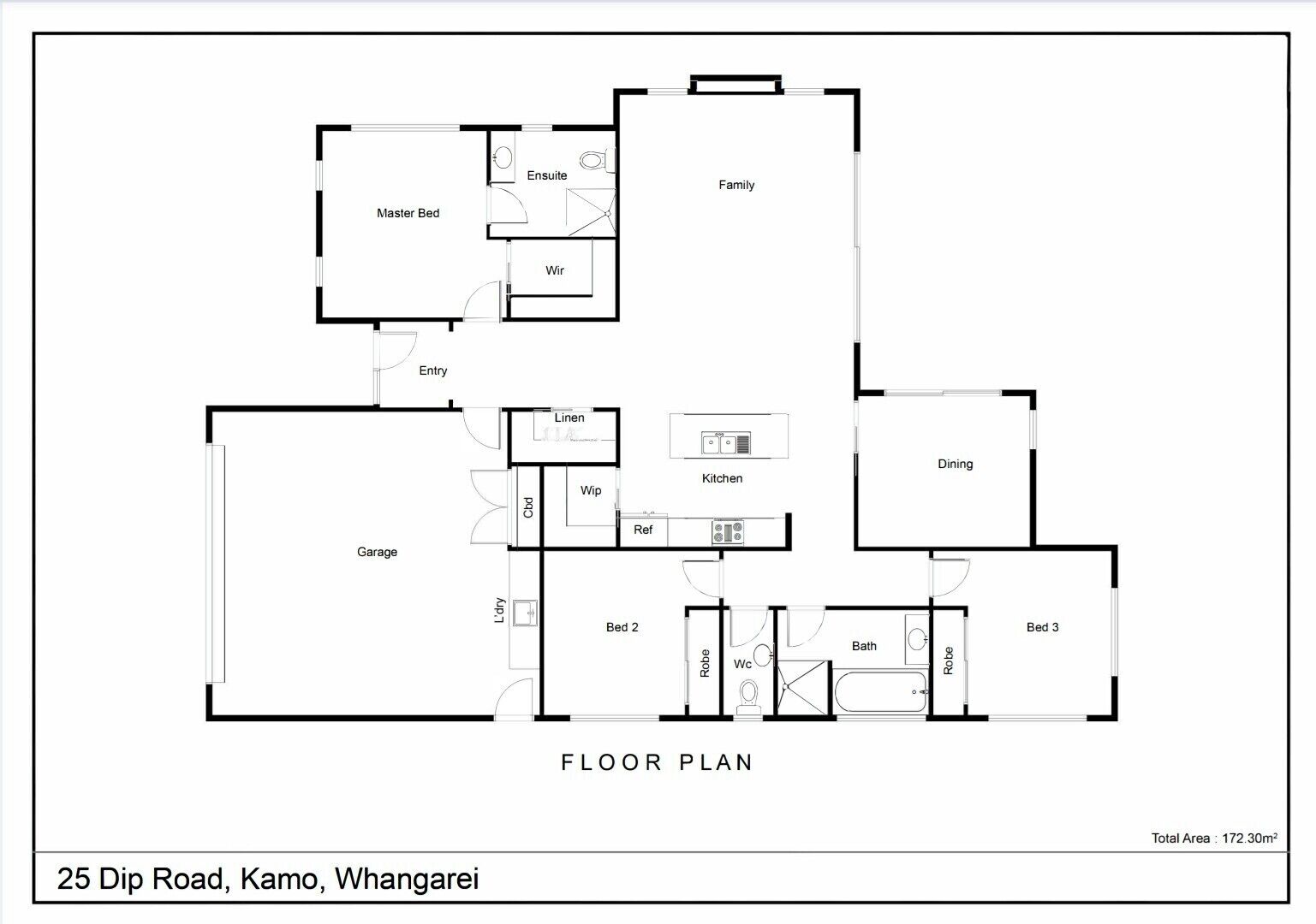 A floor plan of a property at 25 Dip Road, Kamo, Whangarei with a total area of 172.30m². It includes a master bedroom, ensuite bathroom, family room, dining area, kitchen, and three bedrooms.