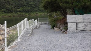 Un sendero de grava que conduce a una masa de agua, bordeado por barandillas de metal blanco y un muro de piedra.
