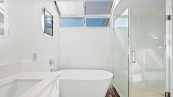 Shower, hair dryer, towels