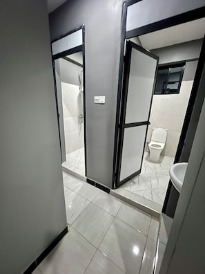 Shower, bidet, towels, soap