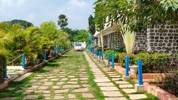A pathway leading to a building with a stone wall and blue bollards.
