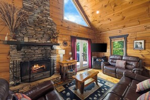 Smart TV, fireplace, books