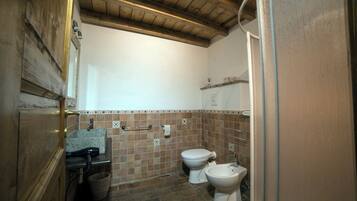 Un bagno con due servizi igienici, un lavandino e una doccia.