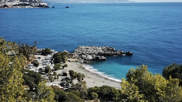 On the beach, sun-loungers