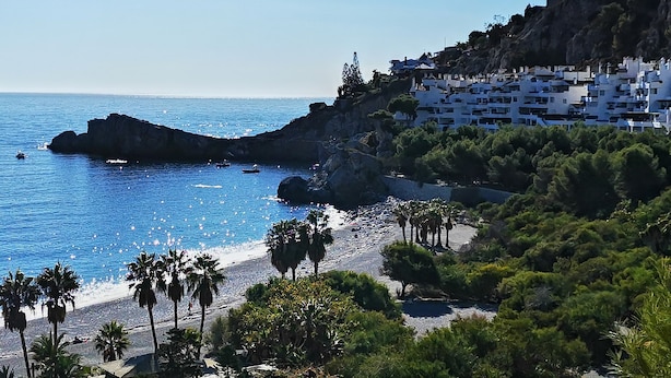 A coastal town with white buildings, a beach, and palm trees. - LUZ DE LA MARINA - Penthouse in Punta de la Mona of La Herradura (Almuñécar) (Almuñécar)