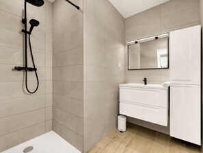 Shower, eco-friendly toiletries, hair dryer, towels