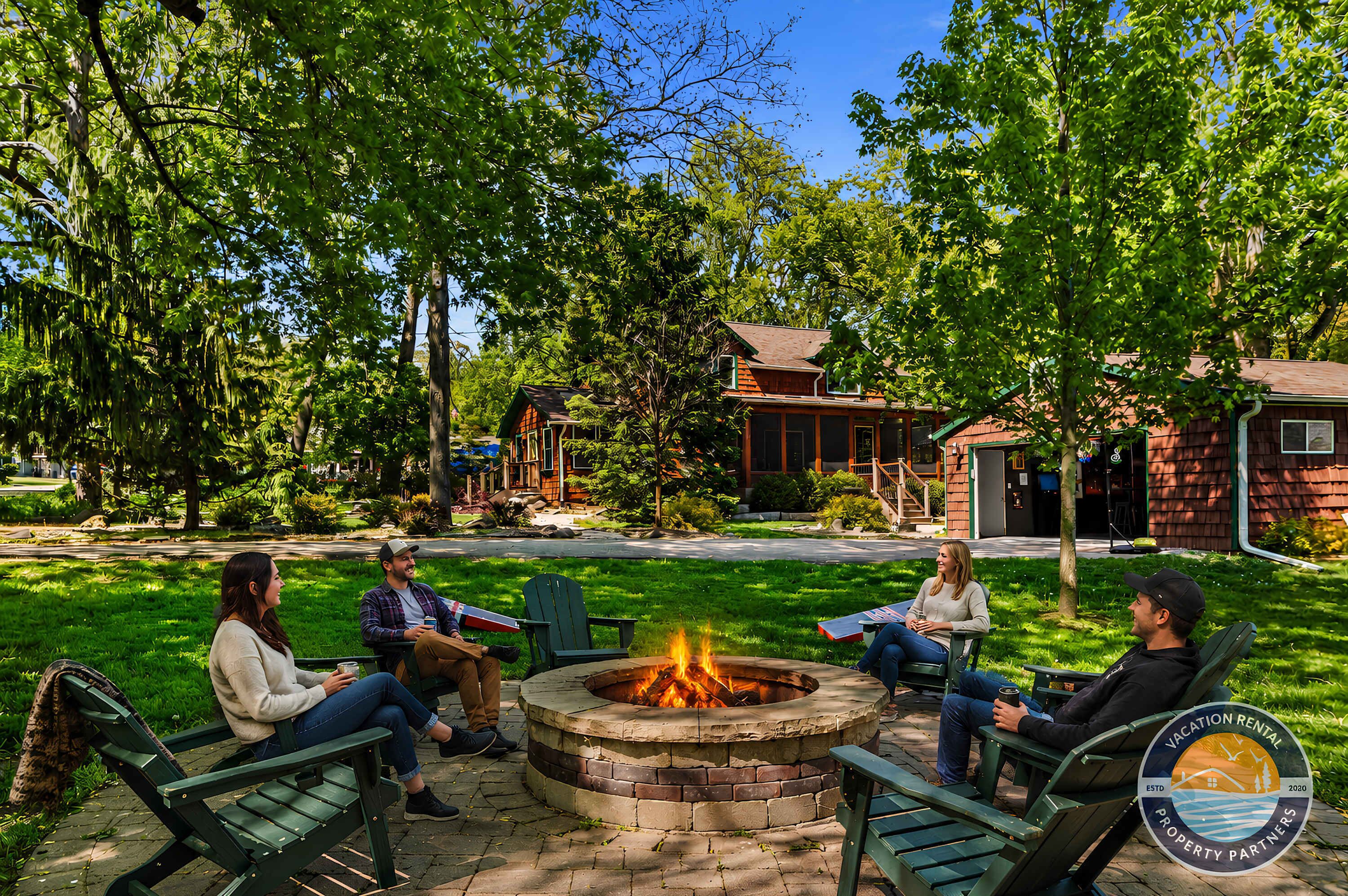 Backyard fire pit with plenty of seating, open yard space, and room to gather under the trees in every season.