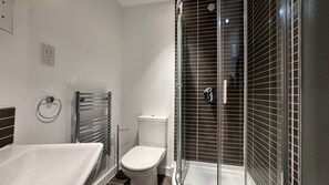 Shower, hair dryer, soap, shampoo