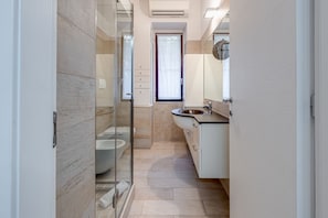 Shower, hair dryer, bidet, towels