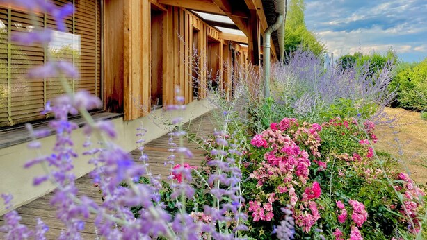 Una construcción de madera con un porche cubierto y un jardín con flores moradas y rosadas.