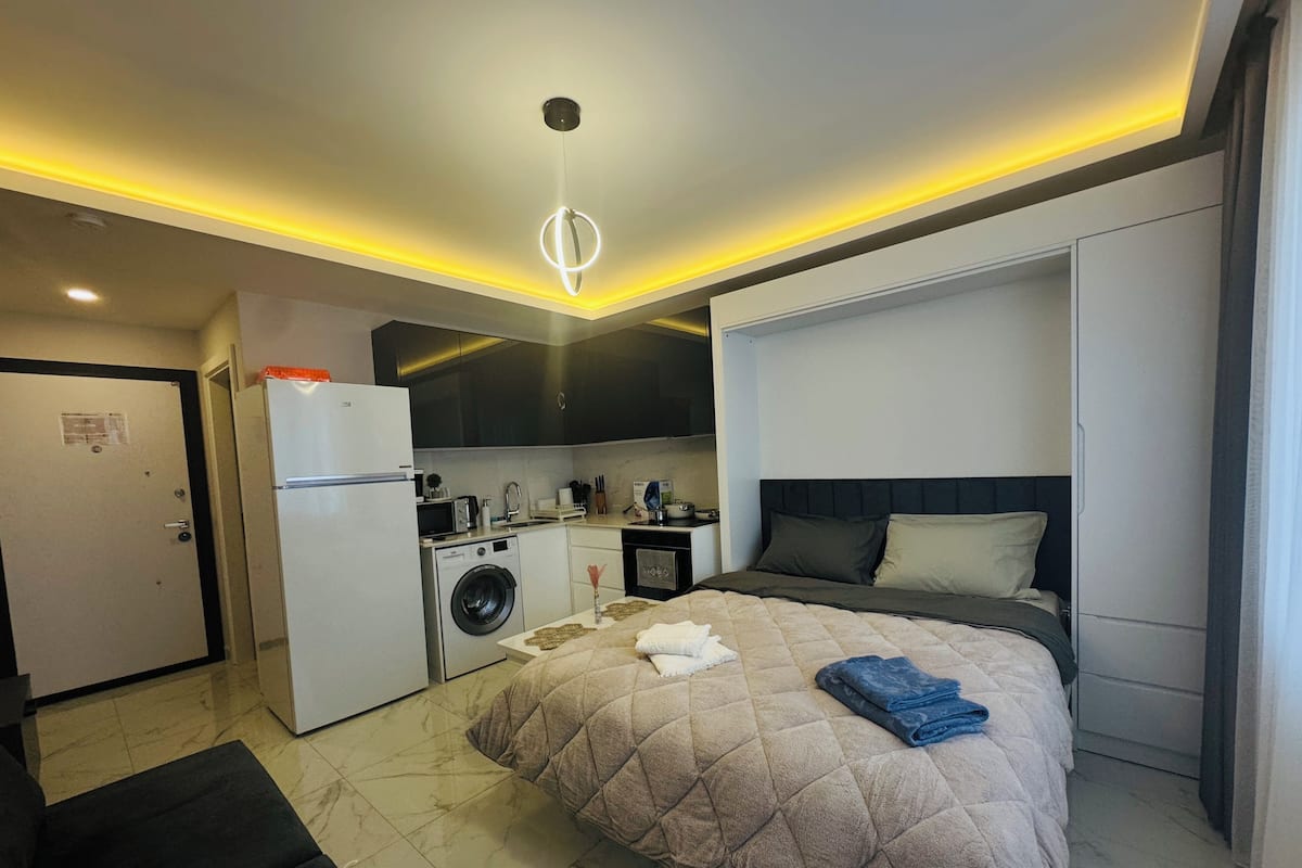 A compact hotel room with a bed, a washing machine, a kitchenette, and a door.