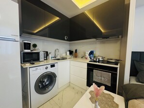 公寓客房, 城市景 | 私人廚房 | 大型雪櫃/冰箱、微波爐、焗爐、爐具