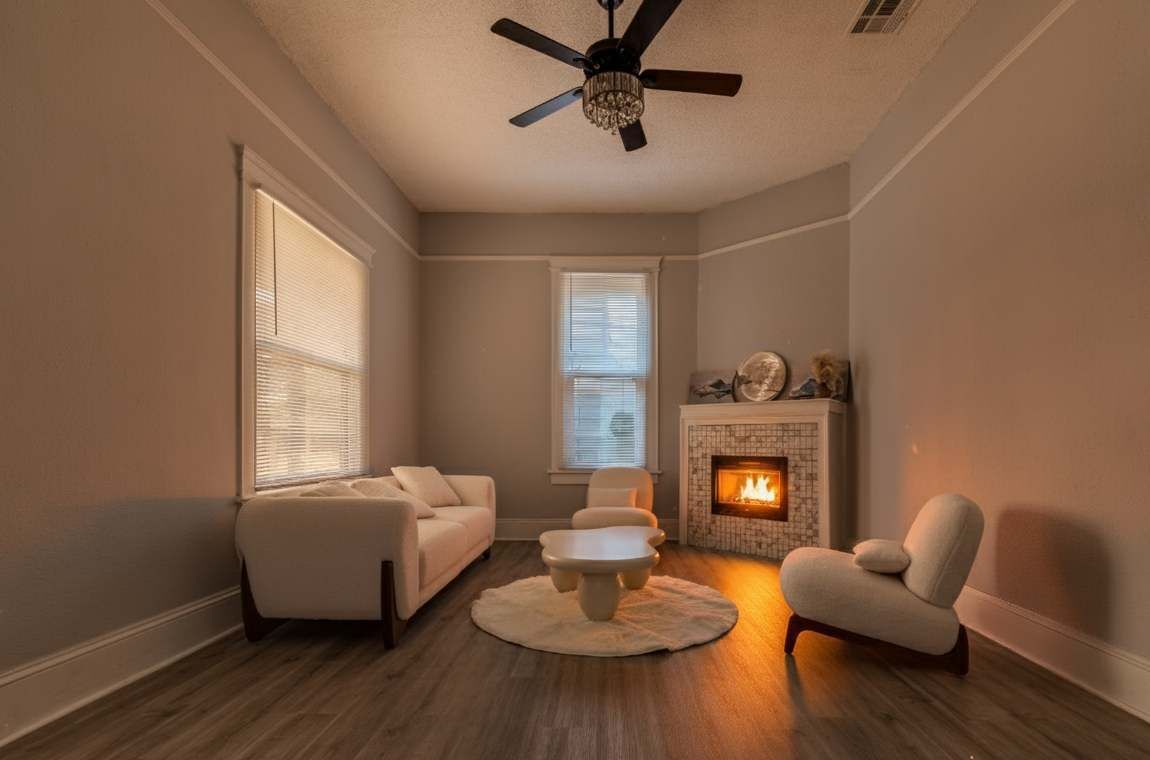 A living room with a fireplace, a ceiling fan, and a round coffee table.