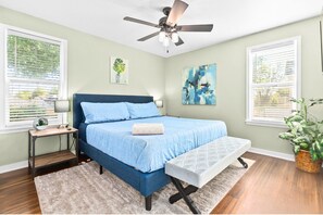 2 bedrooms, desk, iron/ironing board, travel crib