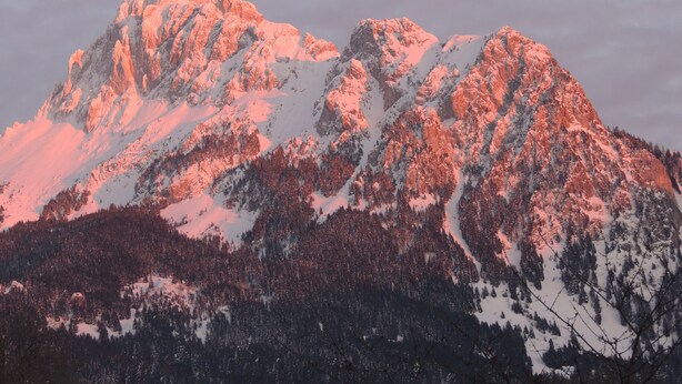 Una montaña con picos nevados y un primer plano boscoso.