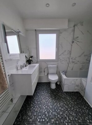 Hair dryer, towels, soap, toilet paper