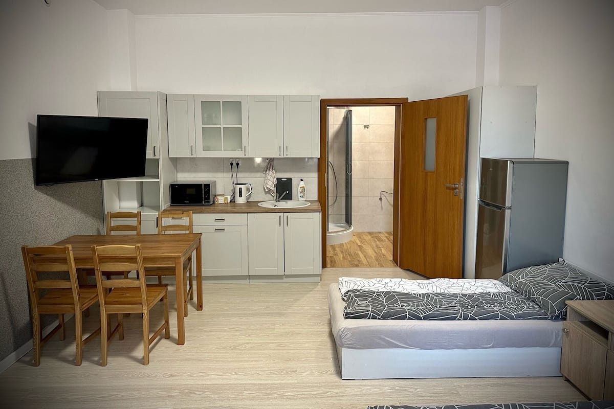 A compact room with a kitchenette, a dining area with wooden chairs, a bed with patterned bedding, and a television mounted on the wall.