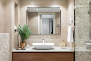 Shower, hair dryer, bidet, towels