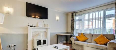 TV, fireplace, books