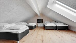 A modern attic bedroom with two beds, a TV, and a skylight.