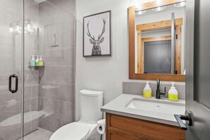 Shower, hair dryer, towels, shampoo