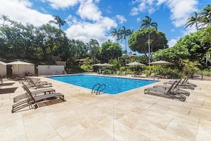 A swimming pool with lounge chairs and umbrellas, surrounded by palm trees and greenery.