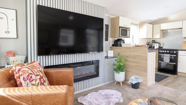 Una sala de estar moderna con una televisión de pantalla plana, un sofá, una chimenea y una cocina con electrodomésticos.