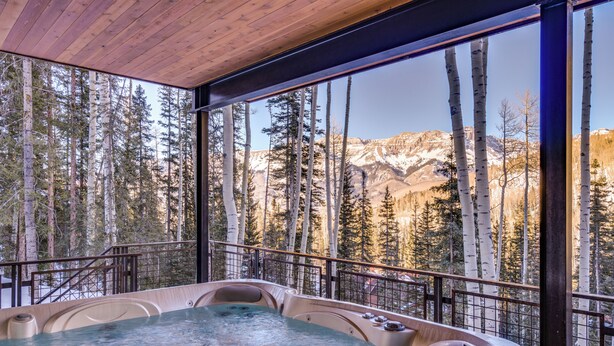 A hot tub with a mountain view, surrounded by tall trees and a wooden ceiling.