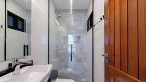 A modern bathroom with a glass-enclosed shower, a white sink, and a wooden door. - Studio 290 m From Praia Mole Vds0005 (Florianópolis)