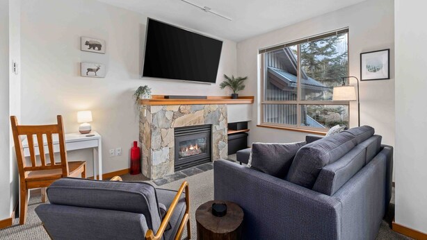 Una sala de estar moderna con una chimenea de piedra, un televisor de pantalla plana montado encima y un gran ventanal con vistas a árboles, además de un sofá gris.