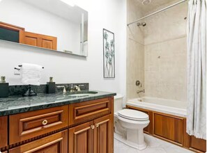 Hair dryer, towels, soap, shampoo
