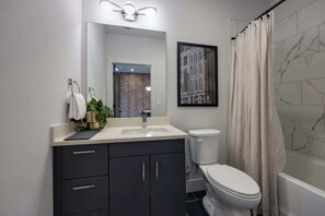 Shower, hair dryer, shampoo