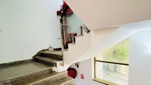 Una escalera de piedra con peldaños de granito que conducen a un rellano.