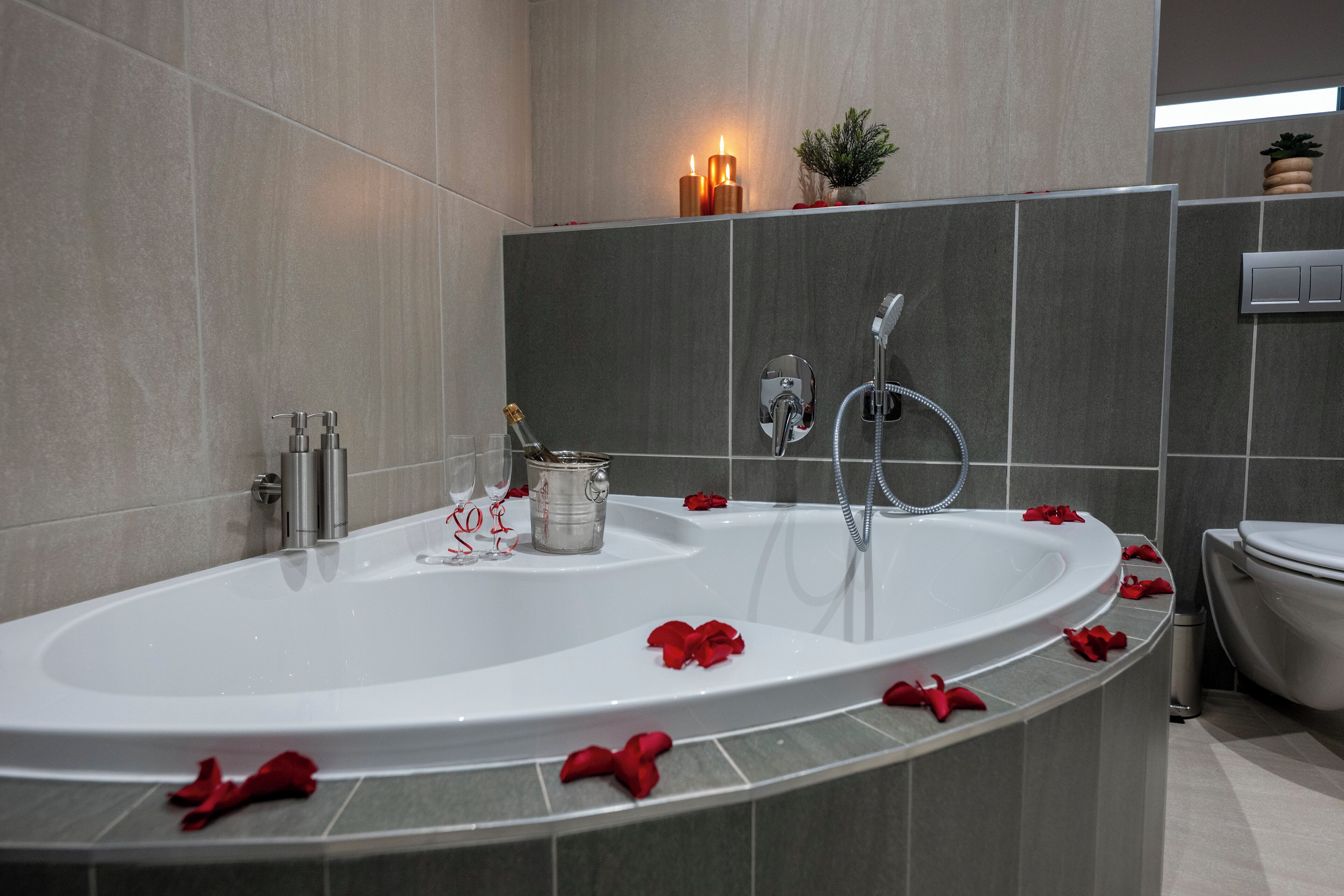 A modern bathroom with a freestanding bathtub, a shower, and a toilet.