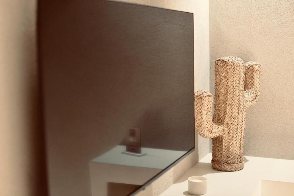 Un bagno moderno con uno specchio grande, una scultura di cactus intrecciato e un piccolo contenitore bianco sul ripiano.