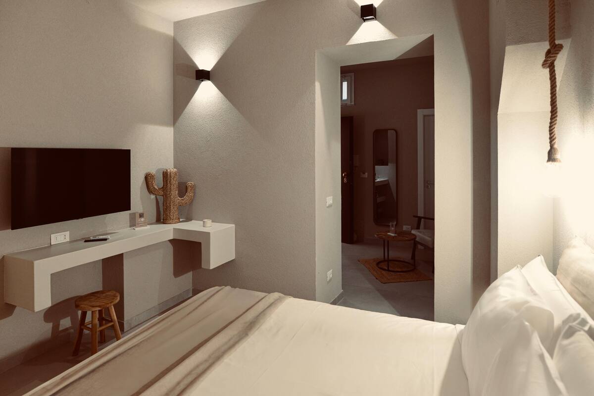 Una habitación de hotel moderna con una cama grande, un televisor de pantalla plana, un taburete pequeño y una decoración con cactus.