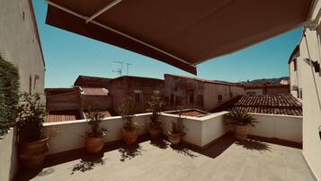 A rooftop terrace with potted plants, a tiled floor, and a clear blue sky.