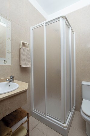 Hair dryer, bidet, towels, soap