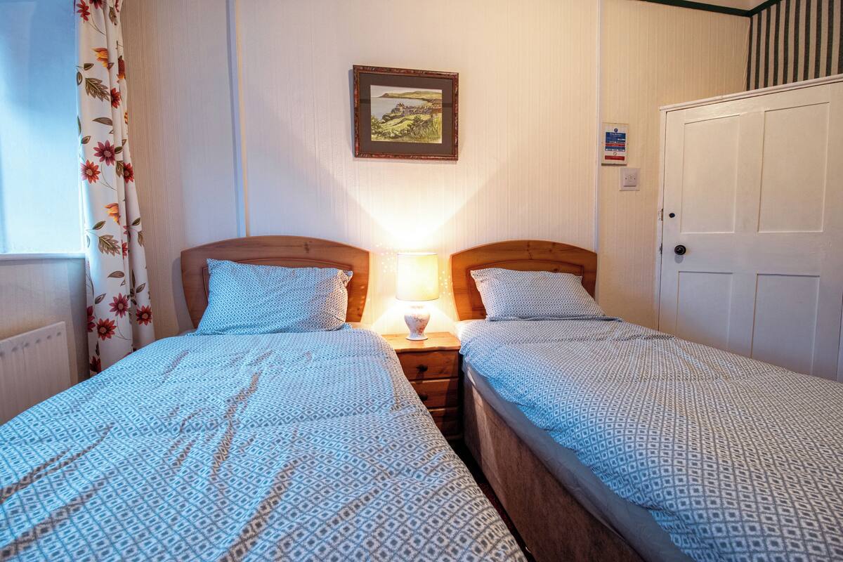 Una camera con due letti singoli, un comodino con una lampada, un quadro appeso al muro e una porta.