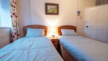 A room with two single beds, a nightstand with a lamp, a framed picture on the wall, and a door.