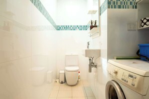Shower, hair dryer, shampoo