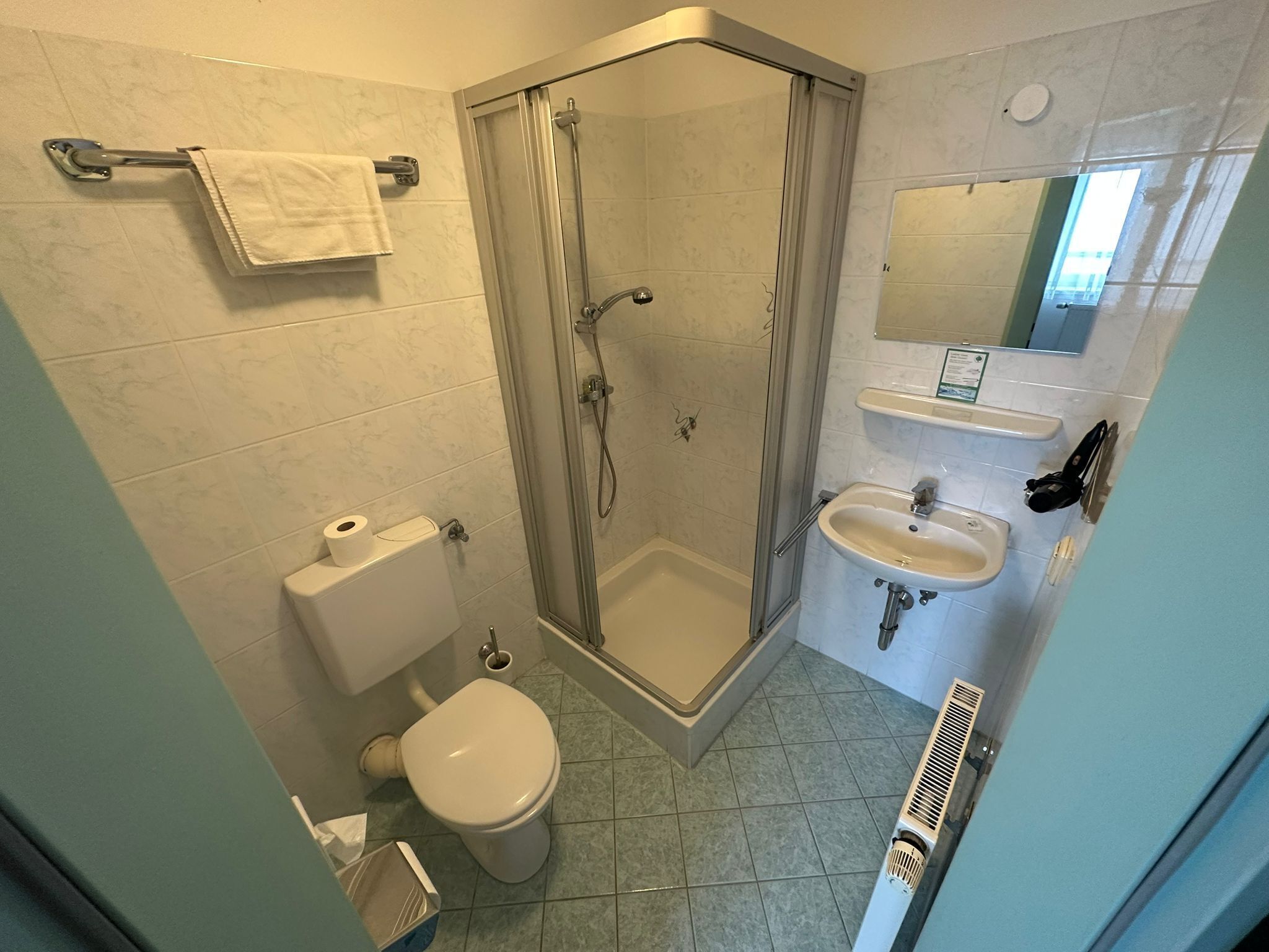 Et badeværelse med toilet, bruser, vask og spejl.
