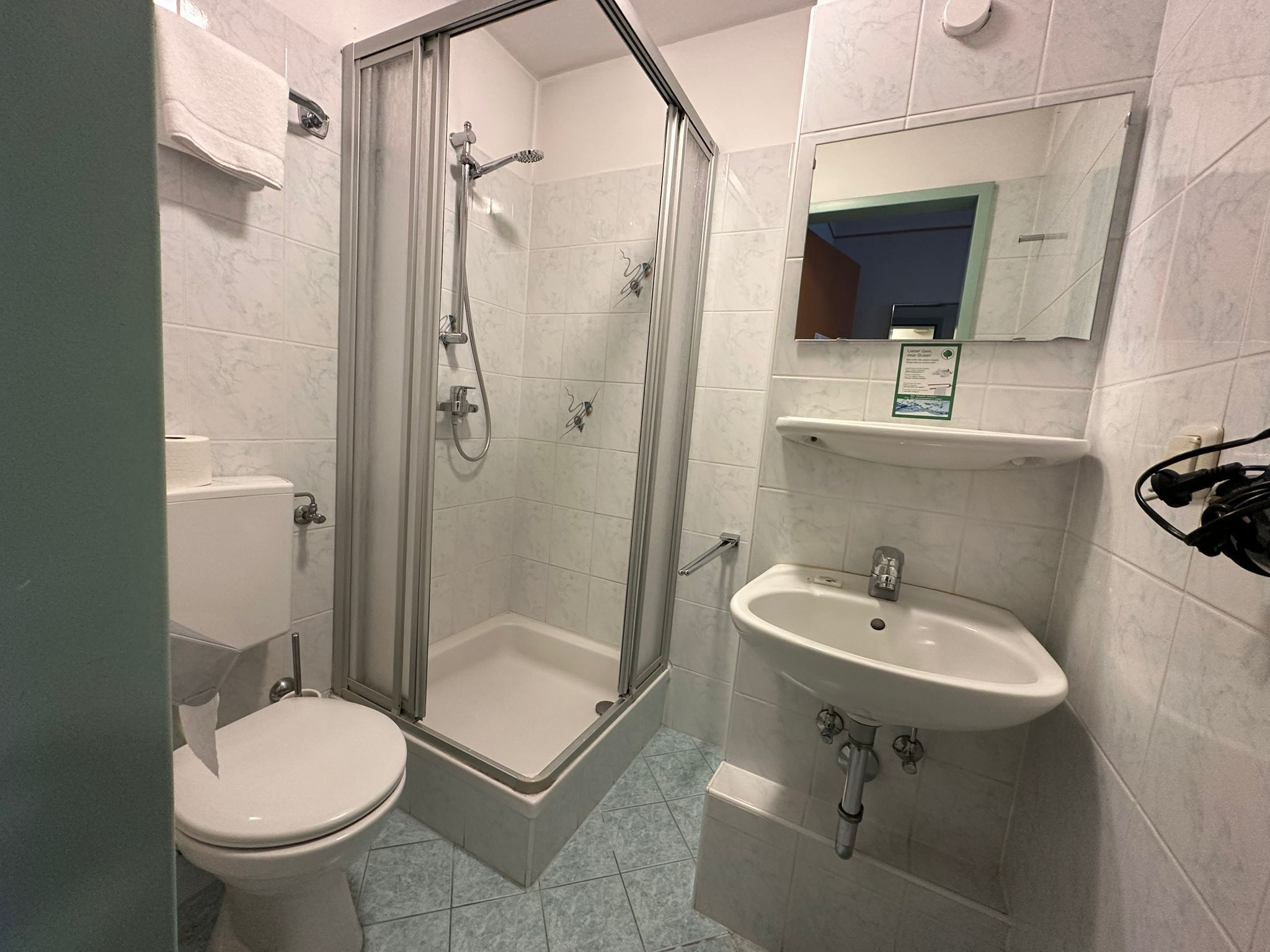 Un baño con ducha acristalada, inodoro y lavamanos con espejo.
