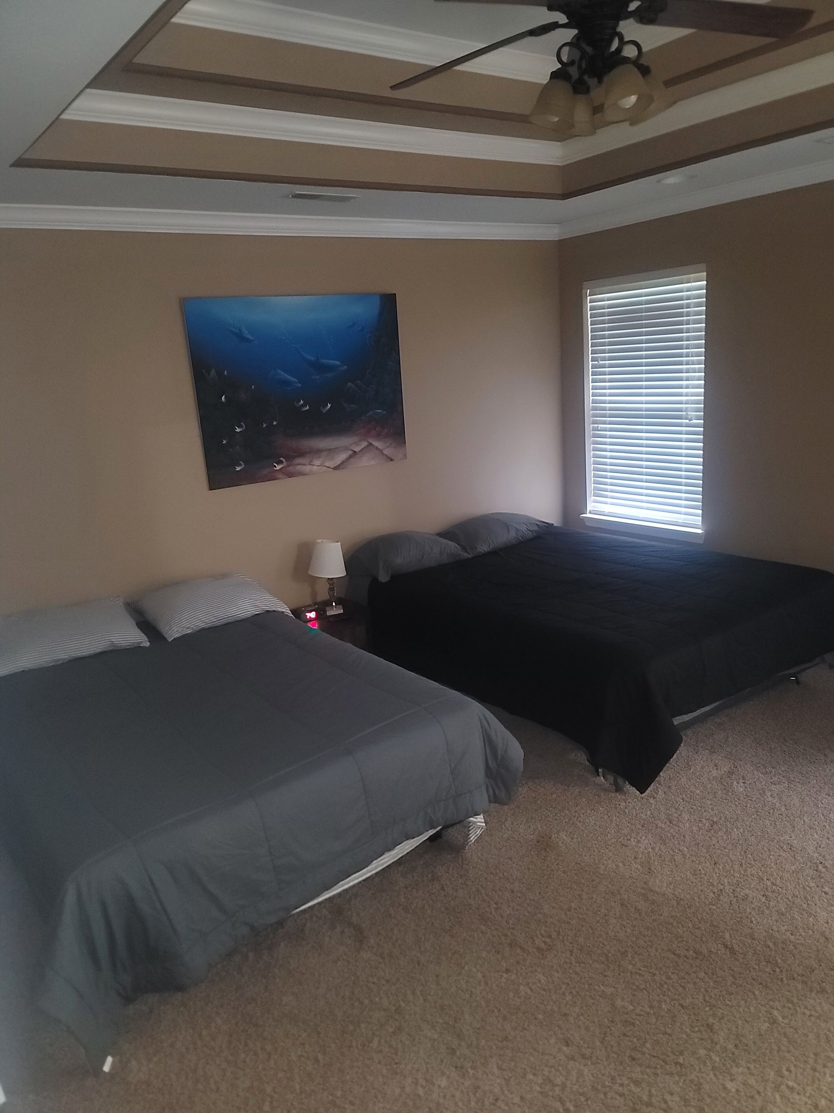 Ein Schlafzimmer mit zwei Betten, einem Deckenventilator, einem Fenster mit Jalousien und einem Bild an der Wand.