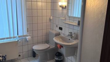 Hair dryer, towels, soap, toilet paper