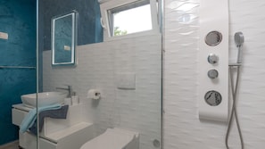 Shower, hair dryer, towels