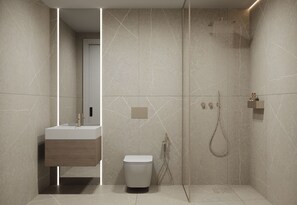 Dusche, umweltfreundliche Kosmetikartikel, Haartrockner, Bidet