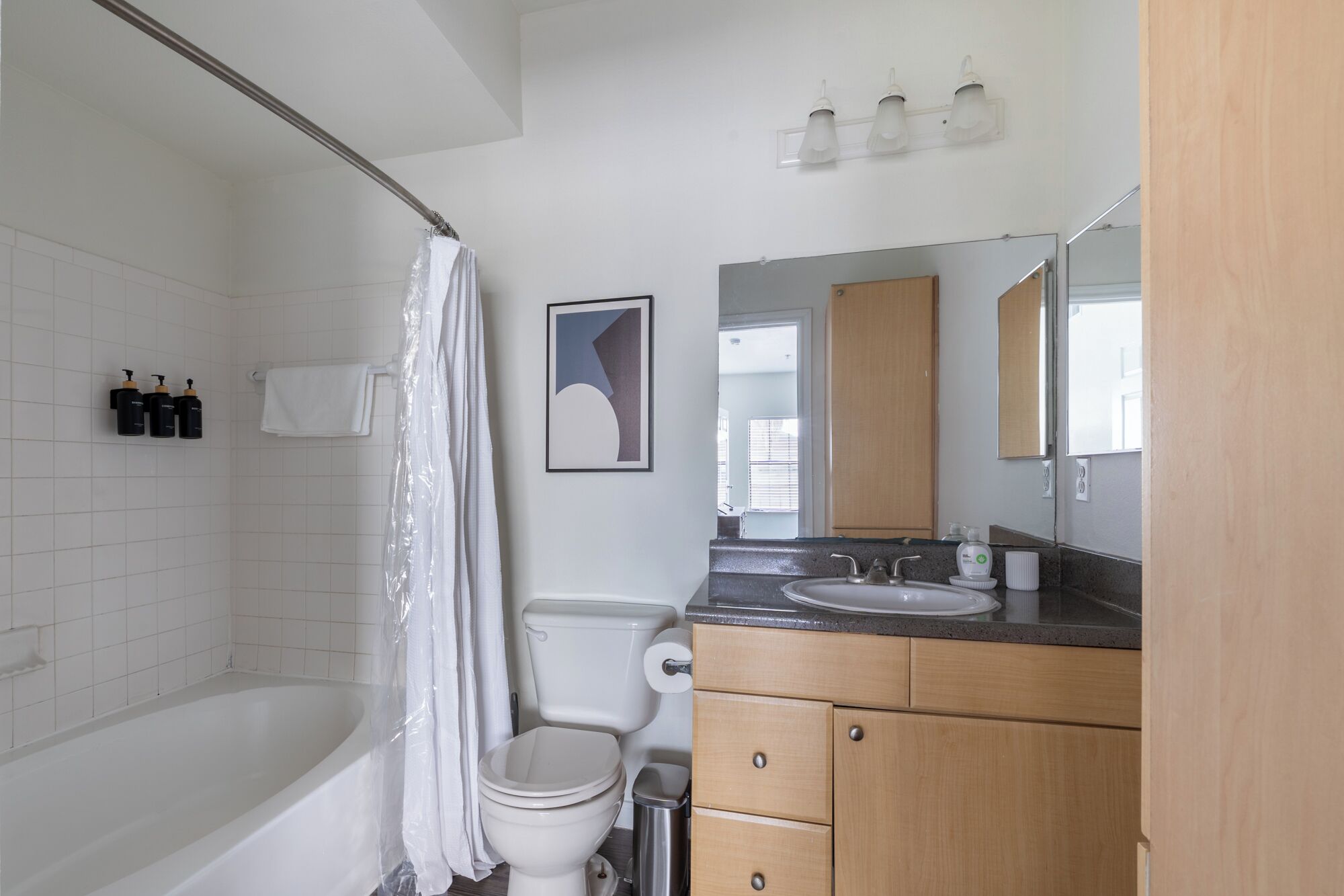 Une salle de bain moderne avec une baignoire, des toilettes et un lavabo. On y trouve des articles de toilette accrochés au mur, un rideau de douche et un tableau encadré.